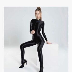 Sleek Black Full-Body Catsuit With Gold Zipper Size Med Nwt
